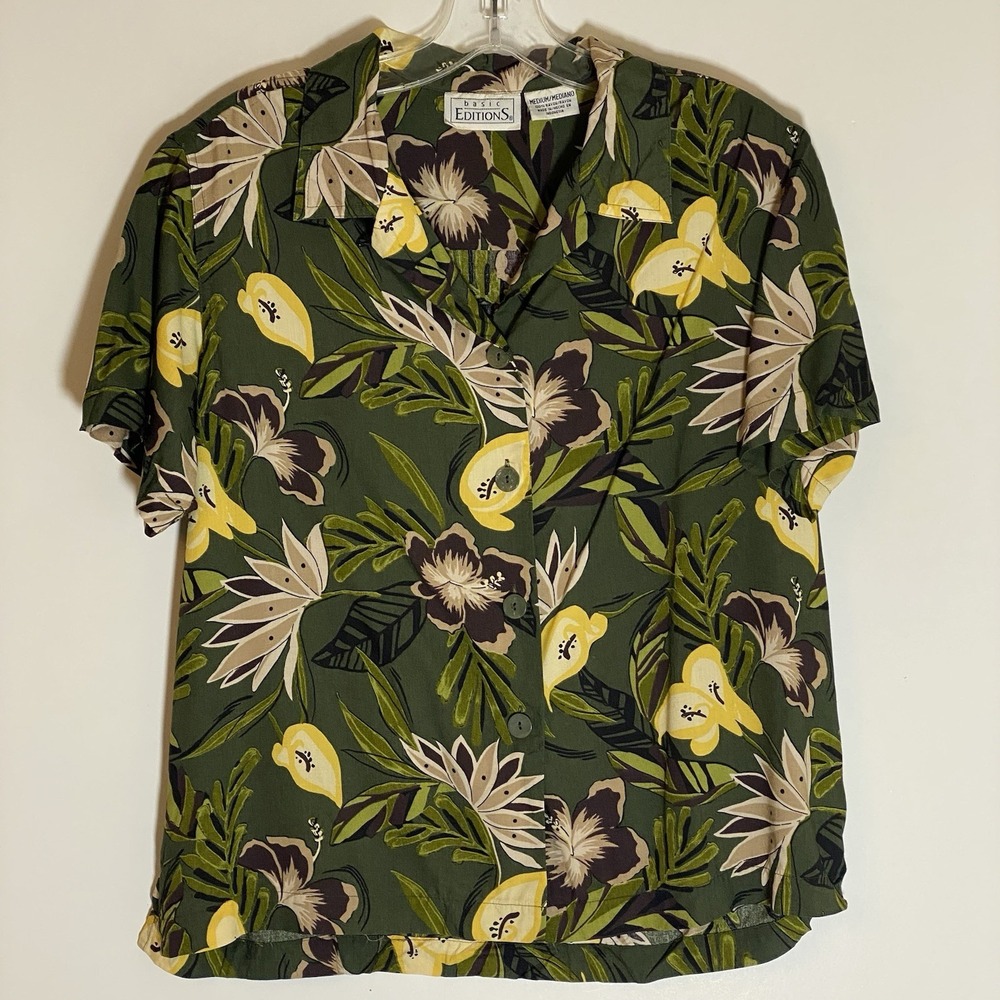 Basic Editions Top Womens Medium Green Multicolor Floral Hawaiian Button Up Vtg